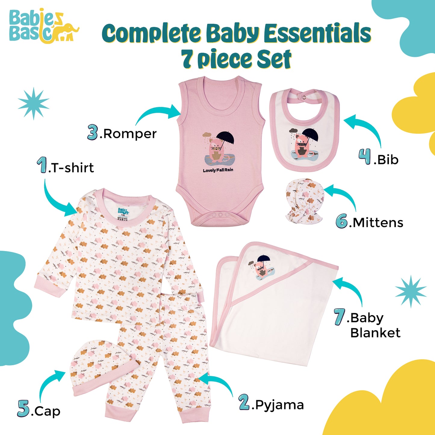 BabiesBasic 7 piece unisex 100% cotton Gift Set include bib, blanket, mitten, cap, romper, top and bottom set, 3-6 Months , Mouve