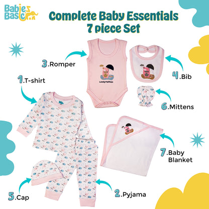 BabiesBasic 7 piece unisex 100% cotton Gift Set include bib, blanket, mitten, cap, romper, top and bottom set, 6-9 Months , Pink