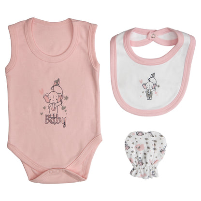 BabiesBasic 7 piece unisex 100% cotton Set include bib, socks, mitten, cap, romper, top and bottom set, 3-6 Months , Pink