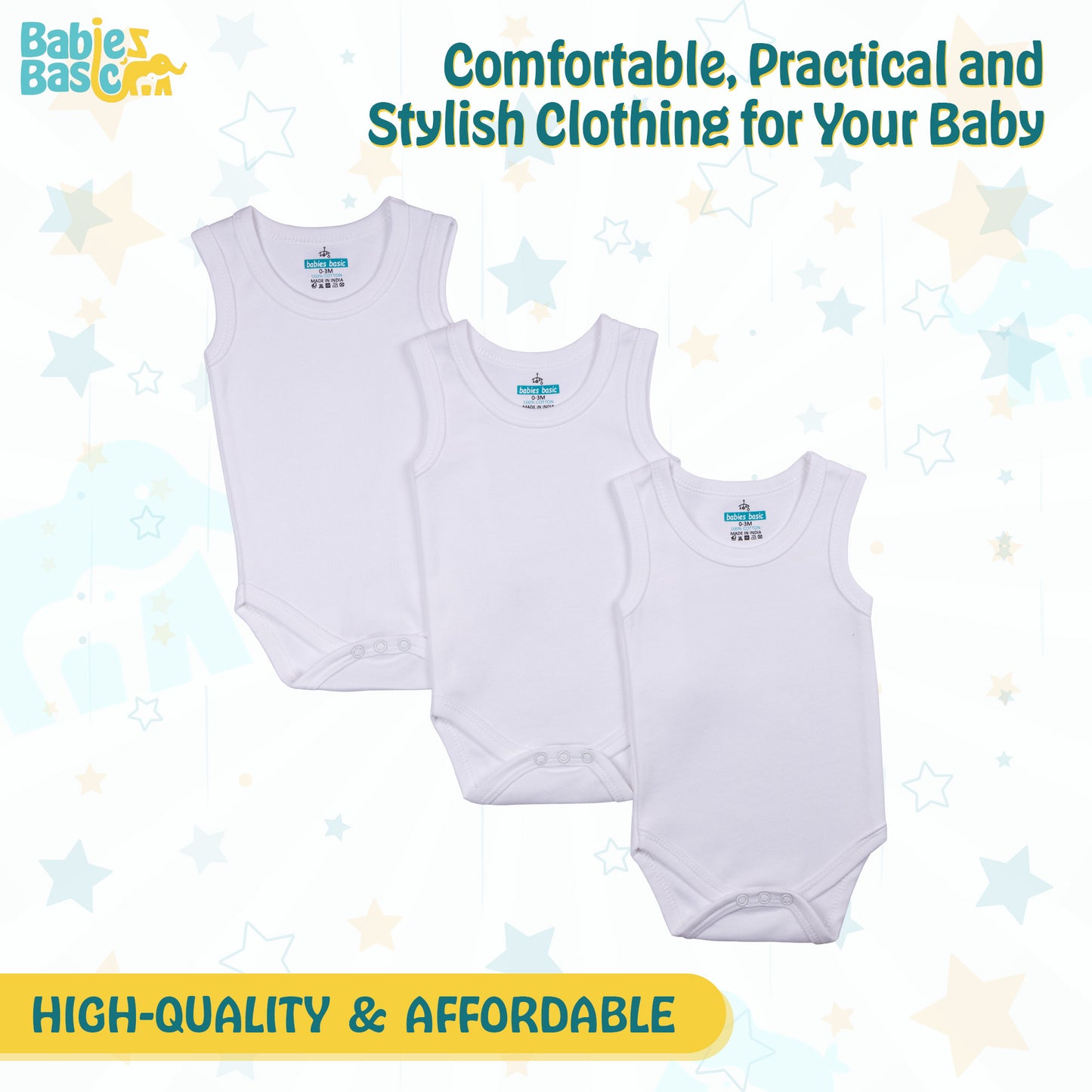 BabiesBasic 100% Super Combed Cotton, Sleeveless Romper/Bodysuit, for New Born to 24months. Set of 3 - White, 18-24 Months