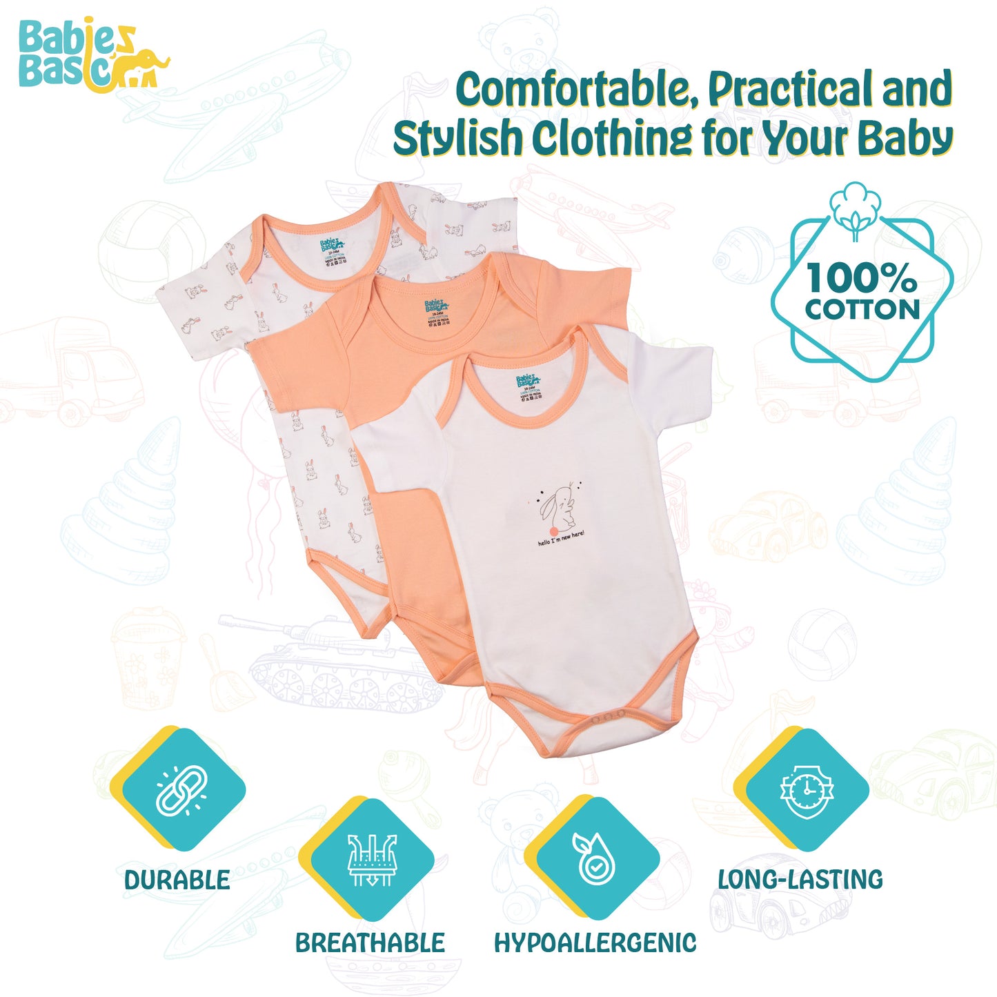 Babies Basic Printed Romper - Pack of 3, 6-9 Months , Multi Color