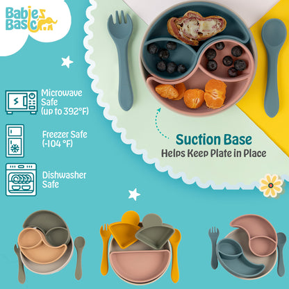 BabiesBasic Feeding Set with removable sections , 3 Piece Set with Silicone Plate, Spoon and Fork - Blue