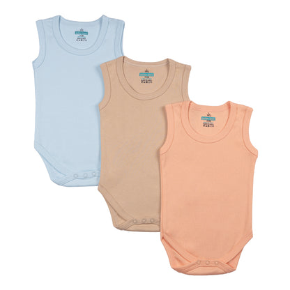 BabiesBasic 100% Super Combed Cotton, Sleeveless Romper/Bodysuit, Set of 3 - Blue, Brown, Orange, 18-24 Months