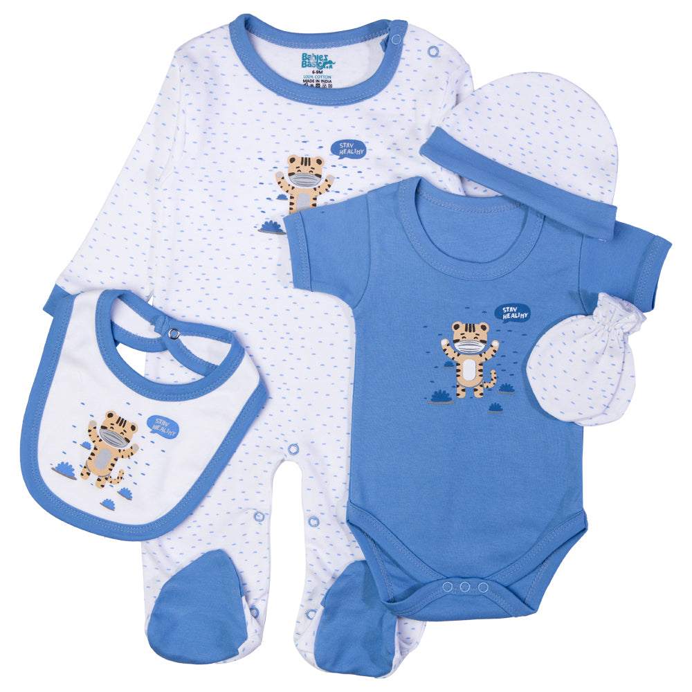 Babiesbasic 5 piece cotton Set include Bib, Romper, Mittens, cap and Sleepsuit- Stay Healthly, 9-12 Months , Blue