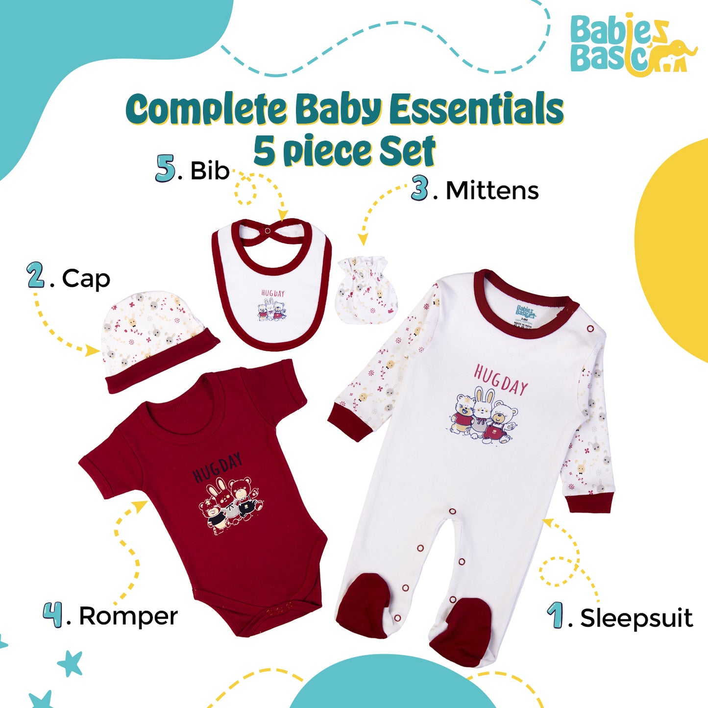 Babiesbasic 5 piece cotton Set include Bib, Romper, Mittens, cap and Sleepsuit- Hug Day, 6-9 Months , Red