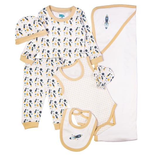 BabiesBasic 7 piece cotton Set include bib, blanket, mitten, cap, romper, top and bottom set, 9-12 Months , Beige