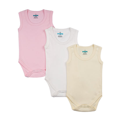 BabiesBasic 100% Super Combed Cotton, Sleeveless Romper/Bodysuit, Set of 3 - Pink, Lemon, Cream, 18-24 Months