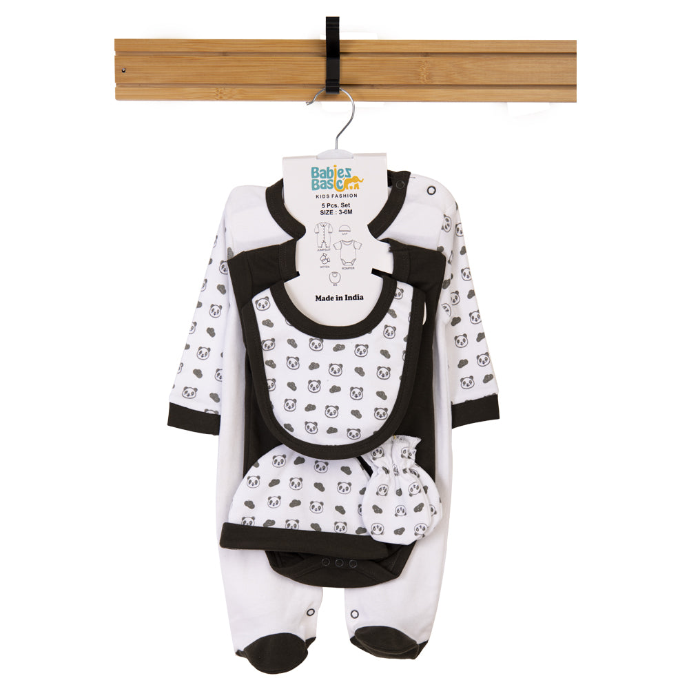 Babiesbasic 5 piece cotton Set include Bib, Romper, Mittens, cap and Sleepsuit- Sleepy Panda, 9-12 Months , Green