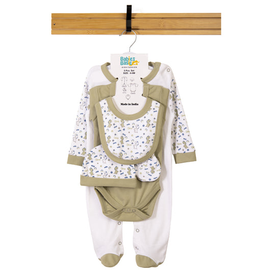 Babiesbasic 5 piece cotton Set include Bib, Romper, Mittens, cap and Sleepsuit- Be Happy, 6-9 Months , Green