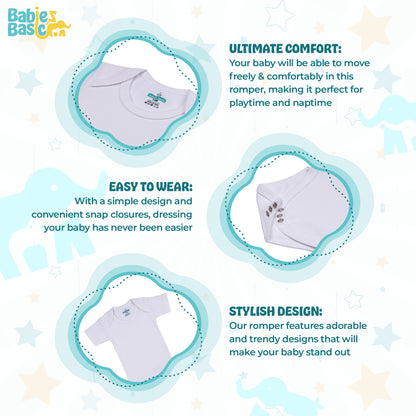 BabiesBasic 100% Super Combed Cotton, Short Sleeves Romper/Bodysuit, for New Born to 24months. Set of 3 - White, 0-3 Months