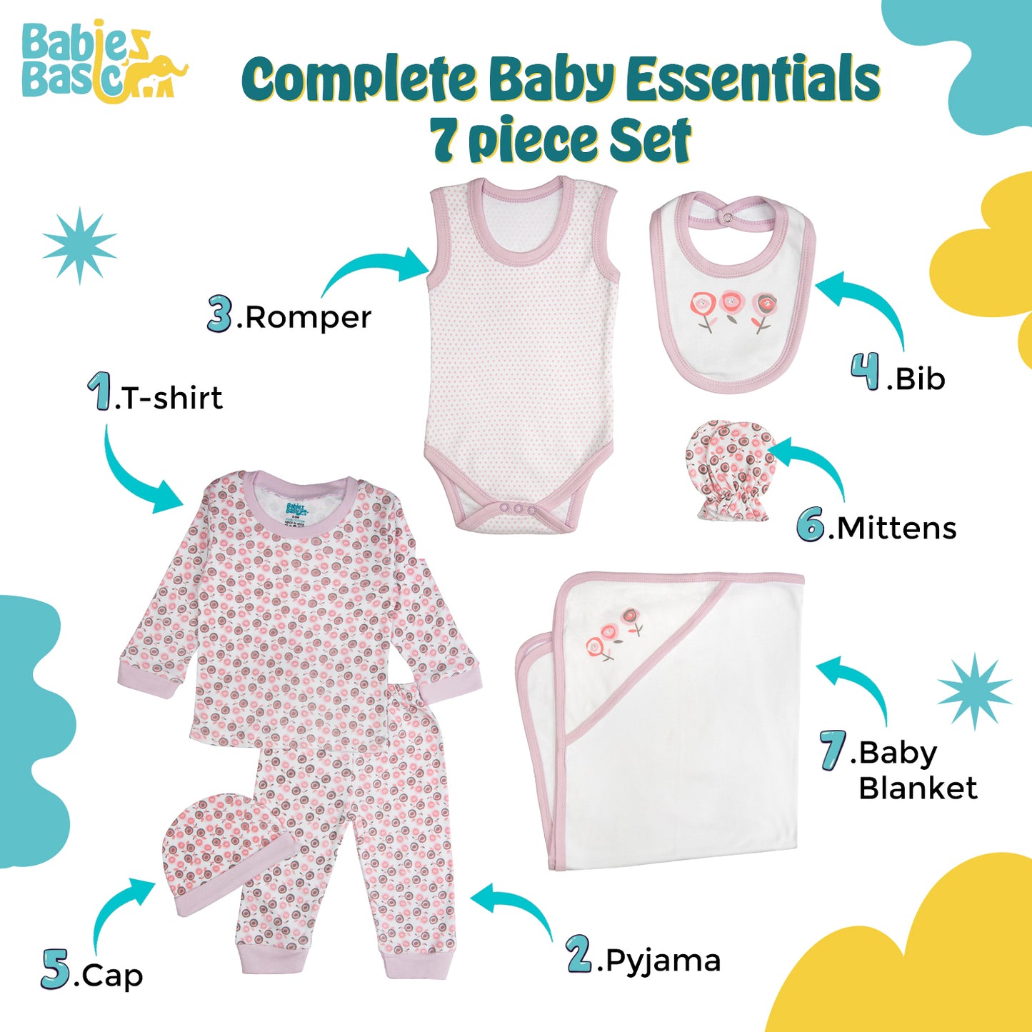 BabiesBasic 7 piece cotton Set include bib, blanket, mitten, cap, romper, top and bottom set, 6-9 Months , Light Mouve