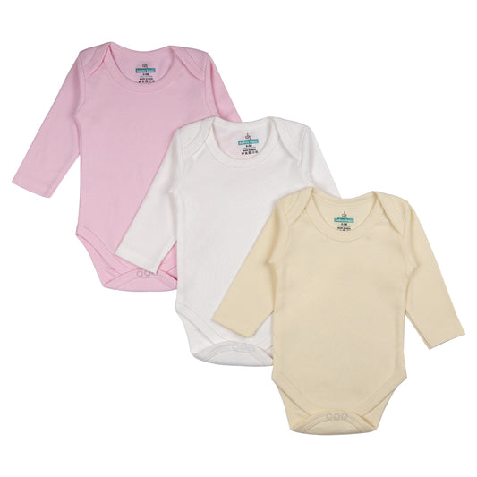 BabiesBasic 100% Super Combed Cotton, Long Sleeves Romper/Bodysuit, Set of 3 - Pink, Lemon, Cream, 9-12 Months