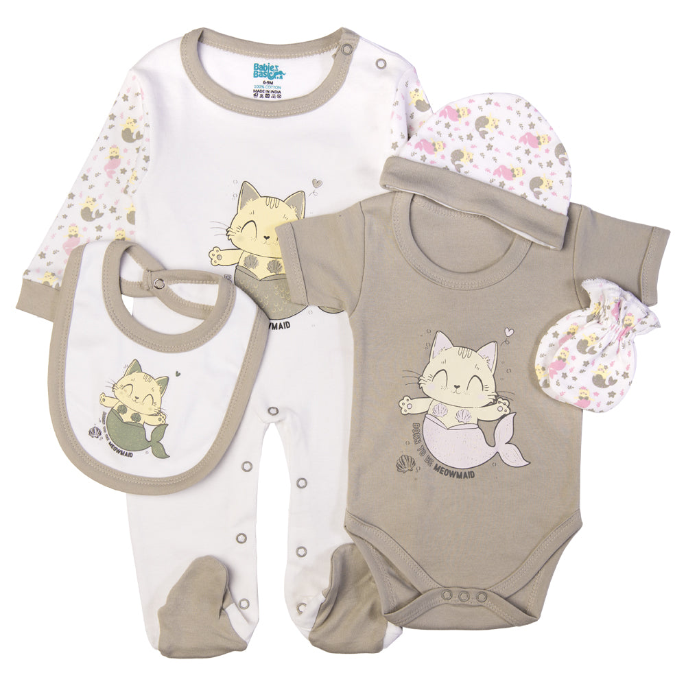 Babiesbasic 5 piece cotton Set include Bib, Romper, Mittens, cap and Sleepsuit- Meowmaid, 6-9 Months , Grey