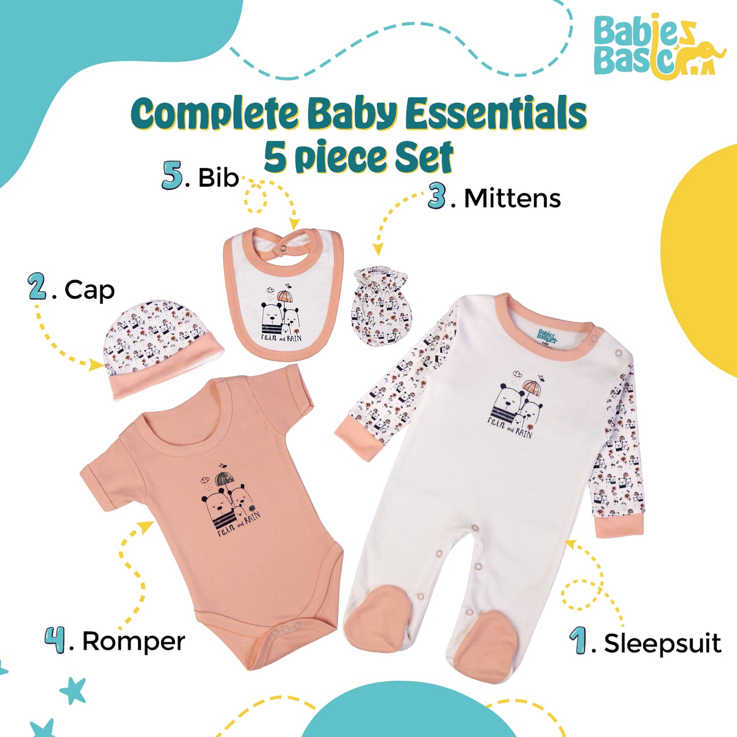 Babiesbasic 5 piece unisex 100% cotton Gift Set include Bib, Romper, Mittens, cap and Sleepsuit/Jumpsuit- Rain, 3-6 Months , Pink