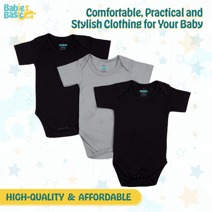 BabiesBasic 100% Super Combed Cotton, Short Sleeves Romper/Bodysuit, Set of 3 - Black, Navy,Grey, 18-24 Months