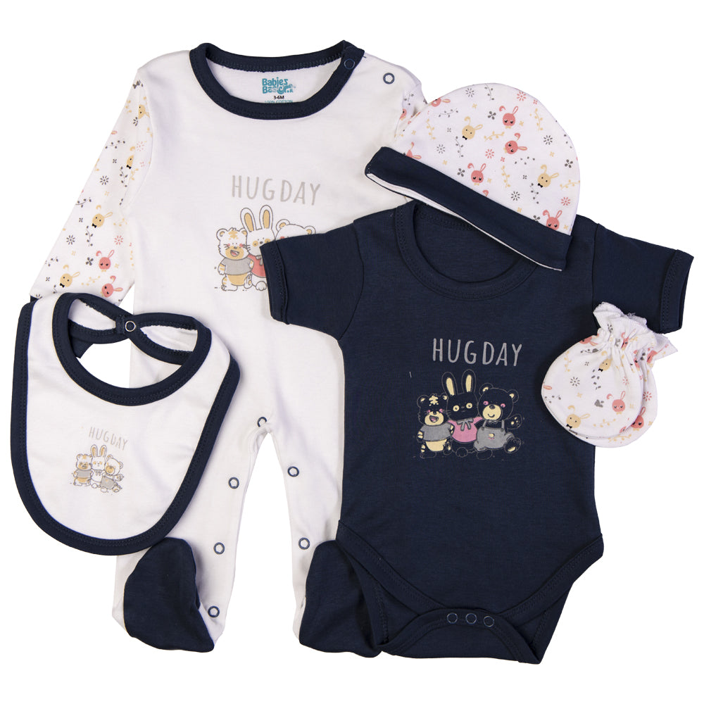 Babiesbasic 5 piece cotton Set include Bib, Romper, Mittens, cap and Sleepsuit- Hug Day, 3-6 Months , Blue