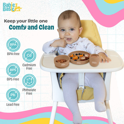 BabiesBasic 5 pc Set with silicone plate, bowl, cup and stainless steel cutlery with case - Cream