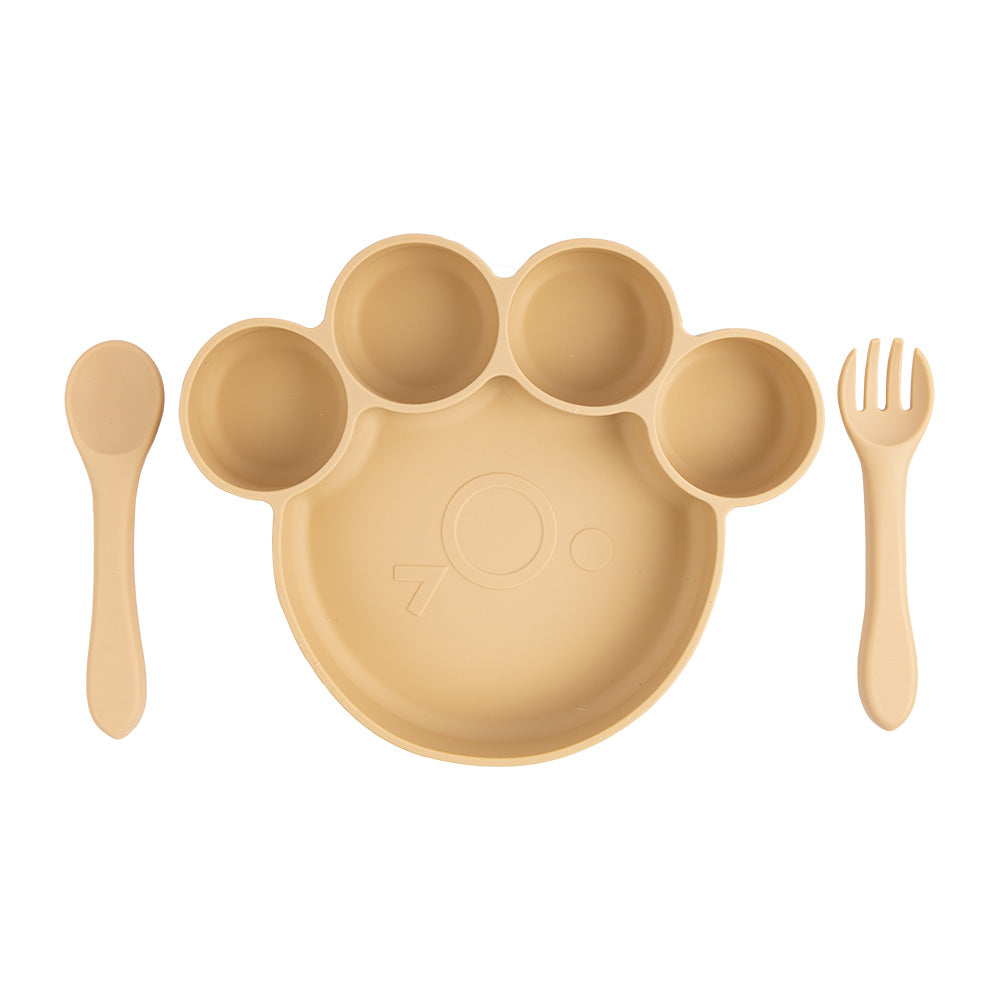 BabiesBasic Feeding Set, 3 Piece, Silicone Feeding Paw Set with Silicone Suction Plate, Spoon and Fork - Beige