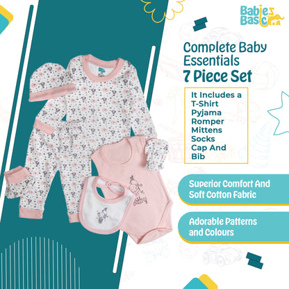 BabiesBasic 7 piece unisex 100% cotton Set include bib, socks, mitten, cap, romper, top and bottom set, 9-12 Months , Pink