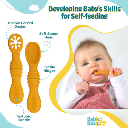 BabiesBasic Soft Tip BPA Free Silicone First Stage Training Spoon with Masher- Yellow