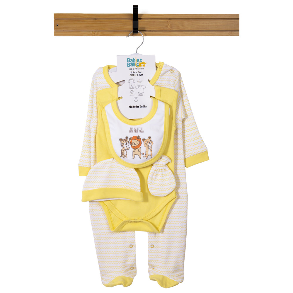 Babiesbasic 5 piece cotton Set include Bib, Romper, Mittens, cap and Sleepsuit- Life is Better, 9-12 Months , Yellow