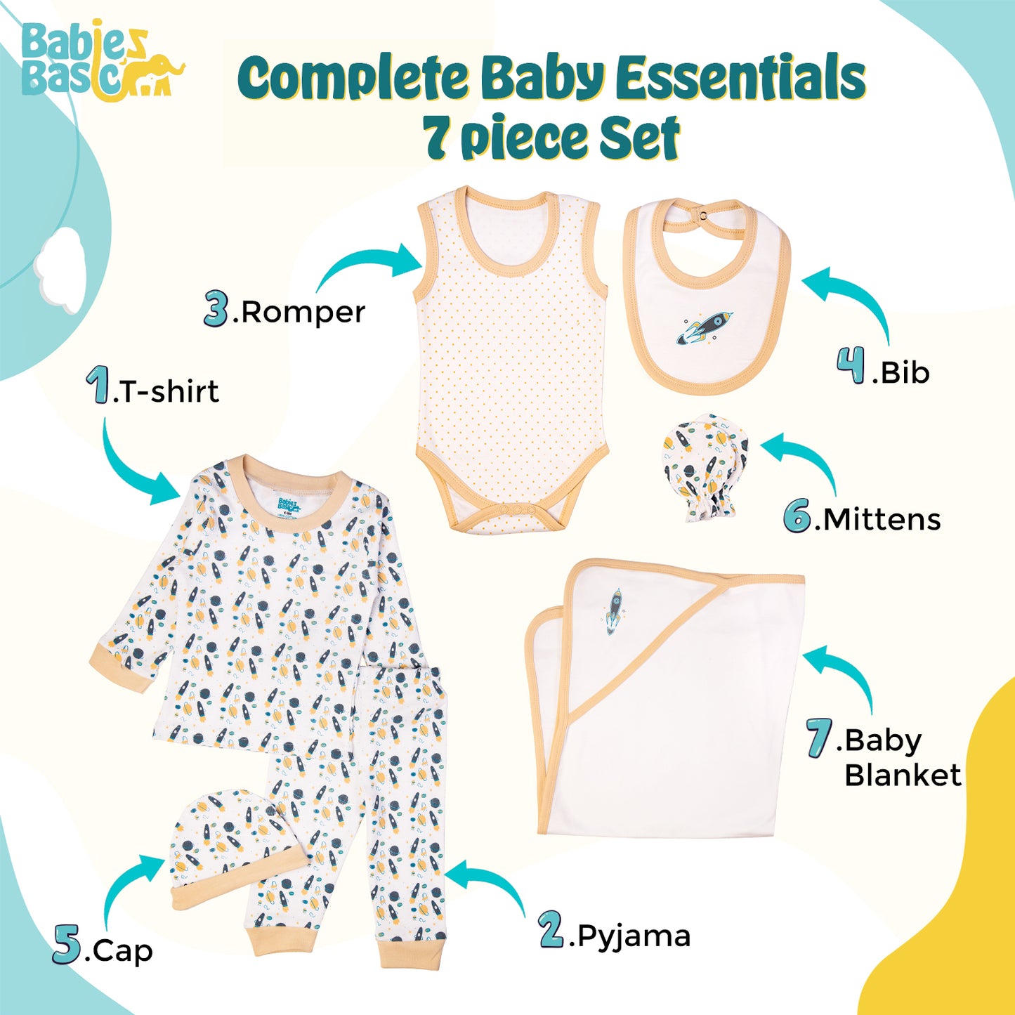 BabiesBasic 7 piece unisex 100% cotton Gift Set include bib, blanket, mitten, cap, romper, top and bottom set, 3-6 Months , Beige