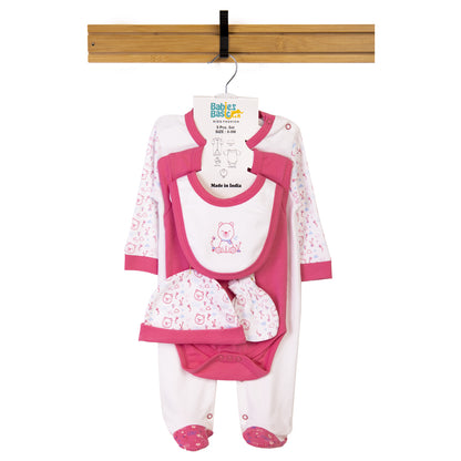 Babiesbasic 5 piece unisex 100% cotton Gift Set include Bib, Romper, Mittens, cap and Sleepsuit/Jumpsuit- Teddy, 3-6 Months , Red