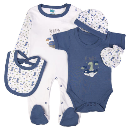 Babiesbasic 5 piece cotton Set include Bib, Romper, Mittens, cap and Sleepsuit- Be Happy, 6-9 Months , Blue