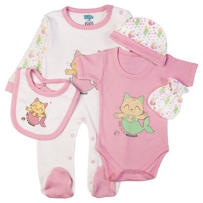 Babiesbasic 5 piece cotton Set include Bib, Romper, Mittens, cap and Sleepsuit- Meowmaid, 3-6 Months , Pink