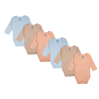 BabiesBasic 100% Super Combed Cotton, Long Sleeves Romper/Bodysuit, Set of 6 - Blue, Orange, Brown, 12-18 Months