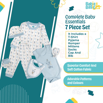 BabiesBasic 7 piece unisex 100% cotton Set include bib, socks, mitten, cap, romper, top and bottom set, 3-6 Months , Blue