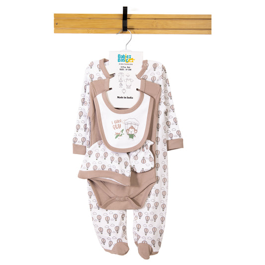 Babiesbasic 5 piece cotton Set include Bib, Romper, Mittens, cap and Sleepsuit- I can Fly, 9-12 Months , Grey