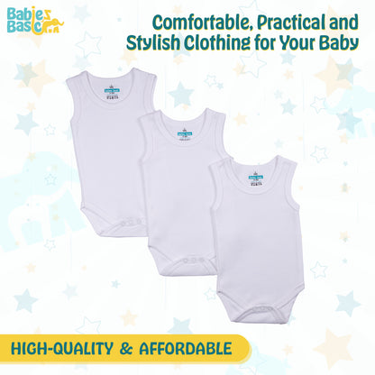 BabiesBasic 100% Super Combed Cotton, Sleeveless Romper/Bodysuit, for New Born to 24months. Set of 3 - White, 6-9 Months