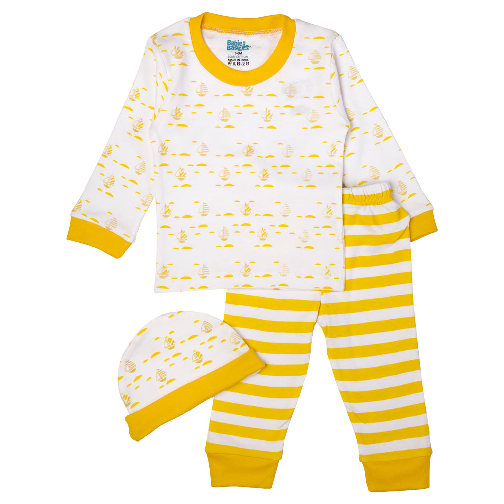 BabiesBasic 7 piece cotton Set include bib, blanket, mitten, cap, romper, top and bottom set, 9-12 Months , Yellow