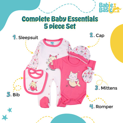 Babiesbasic 5 piece cotton Set include Bib, Romper, Mittens, cap and Sleepsuit- Meowmaid, 6-9 Months , Red