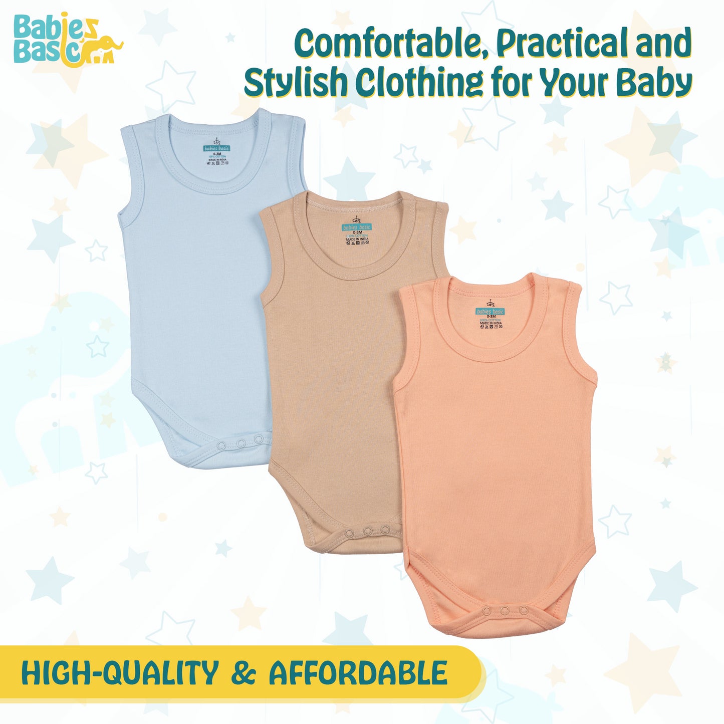 BabiesBasic 100% Super Combed Cotton, Sleeveless Romper/Bodysuit, Set of 3 - Blue, Brown, Orange, 12-18 Months