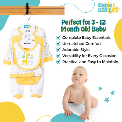 Babiesbasic 5 piece cotton Set include Bib, Romper, Mittens, cap and Sleepsuit- Believe in Yourself, 6-9 Months , Yellow