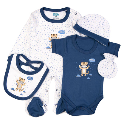 Babiesbasic 5 piece cotton Set include Bib, Romper, Mittens, cap and Sleepsuit- Stay Healthly, 9-12 Months , Blue