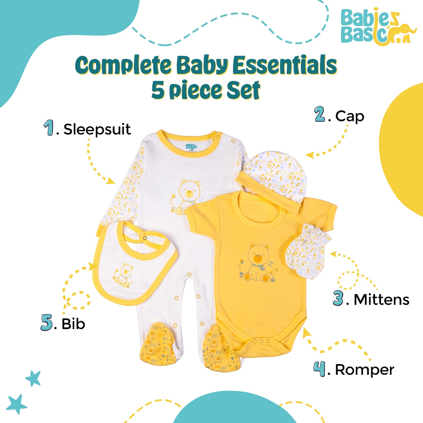 Babiesbasic 5 piece cotton Set include Bib, Romper, Mittens, cap and Sleepsuit- Teddy, 3-6 Months , Yellow