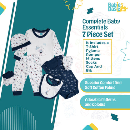 BabiesBasic 7 piece unisex 100% cotton Set include bib, socks, mitten, cap, romper, top and bottom set, 9-12 Months , Blue