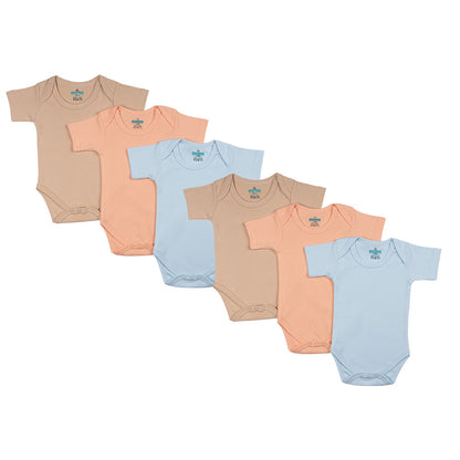 BabiesBasic 100% Super Combed Cotton, Short Sleeves Romper/Bodysuit, Set of 6 - Blue, Orange, Brown, 12-18 Months