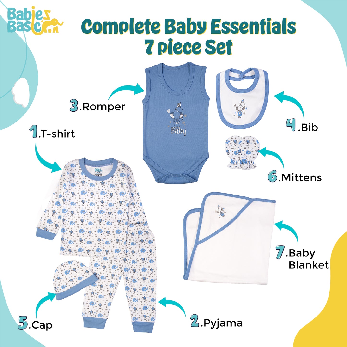 BabiesBasic 7 piece unisex 100% cotton Gift Set include bib, blanket, mitten, cap, romper, top and bottom set, 3-6 Months , Blue