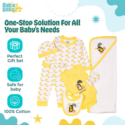 BabiesBasic 7 piece cotton Set include bib, blanket, mitten, cap, romper, top and bottom set, 9-12 Months , Yellow