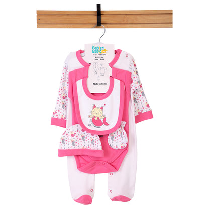 Babiesbasic 5 piece cotton Set include Bib, Romper, Mittens, cap and Sleepsuit- Meowmaid, 9-12 Months , Red