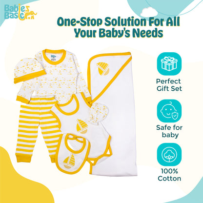 BabiesBasic 7 piece cotton Set include bib, blanket, mitten, cap, romper, top and bottom set, 6-9 Months , Yellow