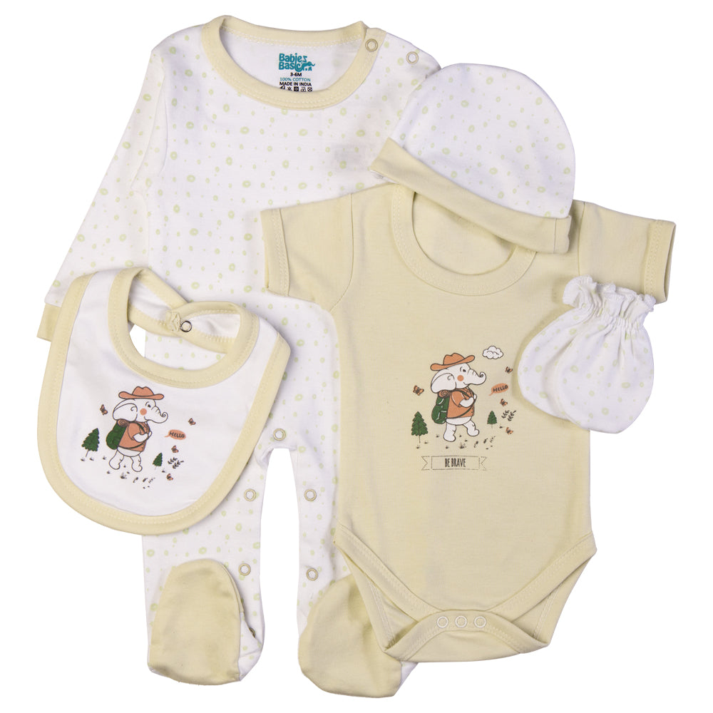 Babiesbasic 5 piece cotton Set include Bib, Romper, Mittens, cap and Sleepsuit- Be Brave, 9-12 Months , Green