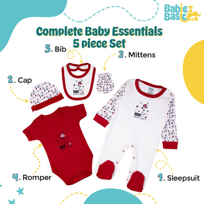 Babiesbasic 5 piece unisex 100% cotton Gift Set include Bib, Romper, Mittens, cap and Sleepsuit/Jumpsuit- Rain, 9-12 Months , Red