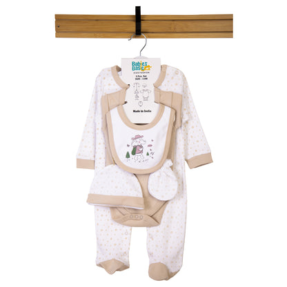 Babiesbasic 5 piece cotton Set include Bib, Romper, Mittens, cap and Sleepsuit- Be Brave, 9-12 Months , Beige