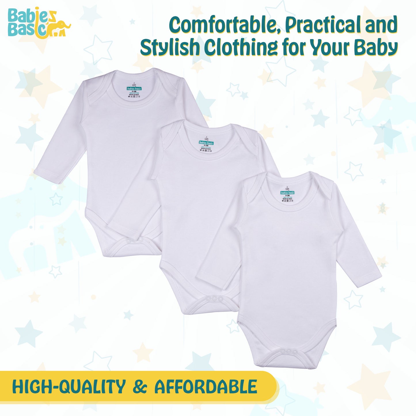 BabiesBasic 100% Super Combed Cotton, Long Sleeves Romper/Bodysuit, for New Born to 24months. Set of 3 - White, 18-24 Months