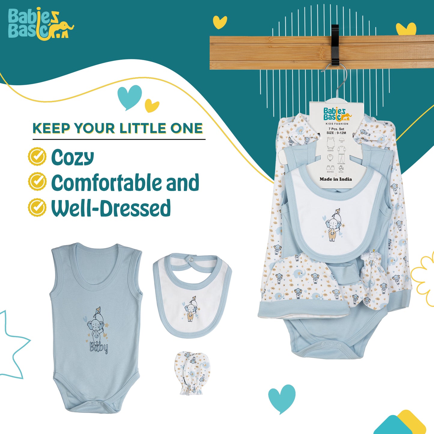 BabiesBasic 7 piece unisex 100% cotton Set include bib, socks, mitten, cap, romper, top and bottom set, 6-9 Months , Blue